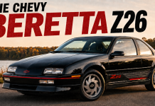Flashback: The Chevy Beretta Z26 Was Everywhere—Now It’s Getting Rare Black Chevrolet Beretta Z26 parked beside a lake with a Flashback headline