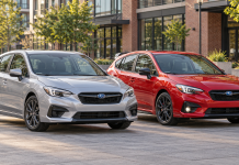 The 2027 Subaru Impreza Gets Cheaper—and Makes the RS a Tougher Sell Silver Subaru Impreza base model beside a red Impreza RS in an urban setting, shown from front three-quarter angles.
