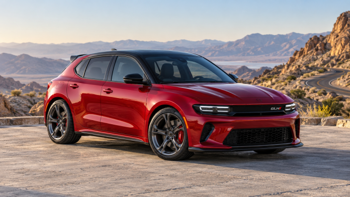 dodge-glh-revival-red-hot-hatch-concept.png Concept illustration of a red Dodge GLH-inspired five-door hatchback with a black roof, shown from the front three-quarter angle.
