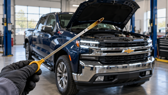 gm-eliminating-oil-dipsticks-silverado Traditional engine oil dipstick held in front of a Chevrolet Silverado pickup truck with its hood open.
